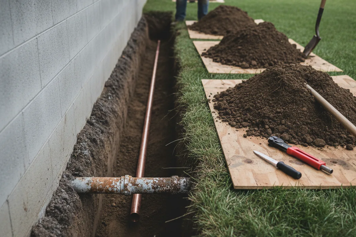 Excavated water line trench during Sewer Line Repair in Redford